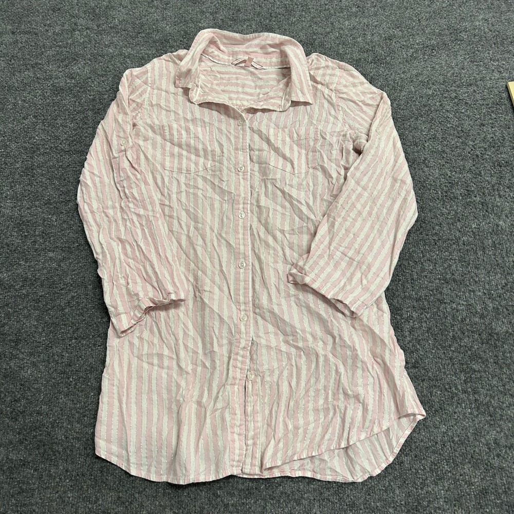 Victoria's Secret Sleep Shirt Womens Size M Pink White Striped Metallic Lounge